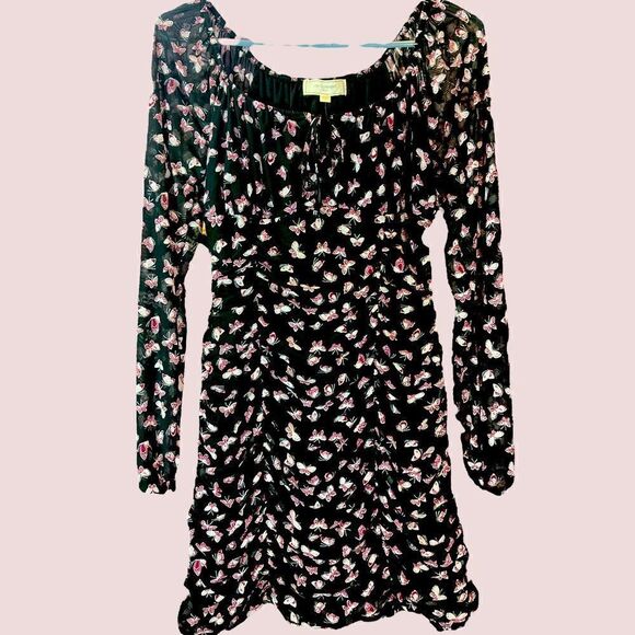 NWT No Comment Ruched Black and Pink Butterfly Long Sleeve Dress - Picture 1 of 11